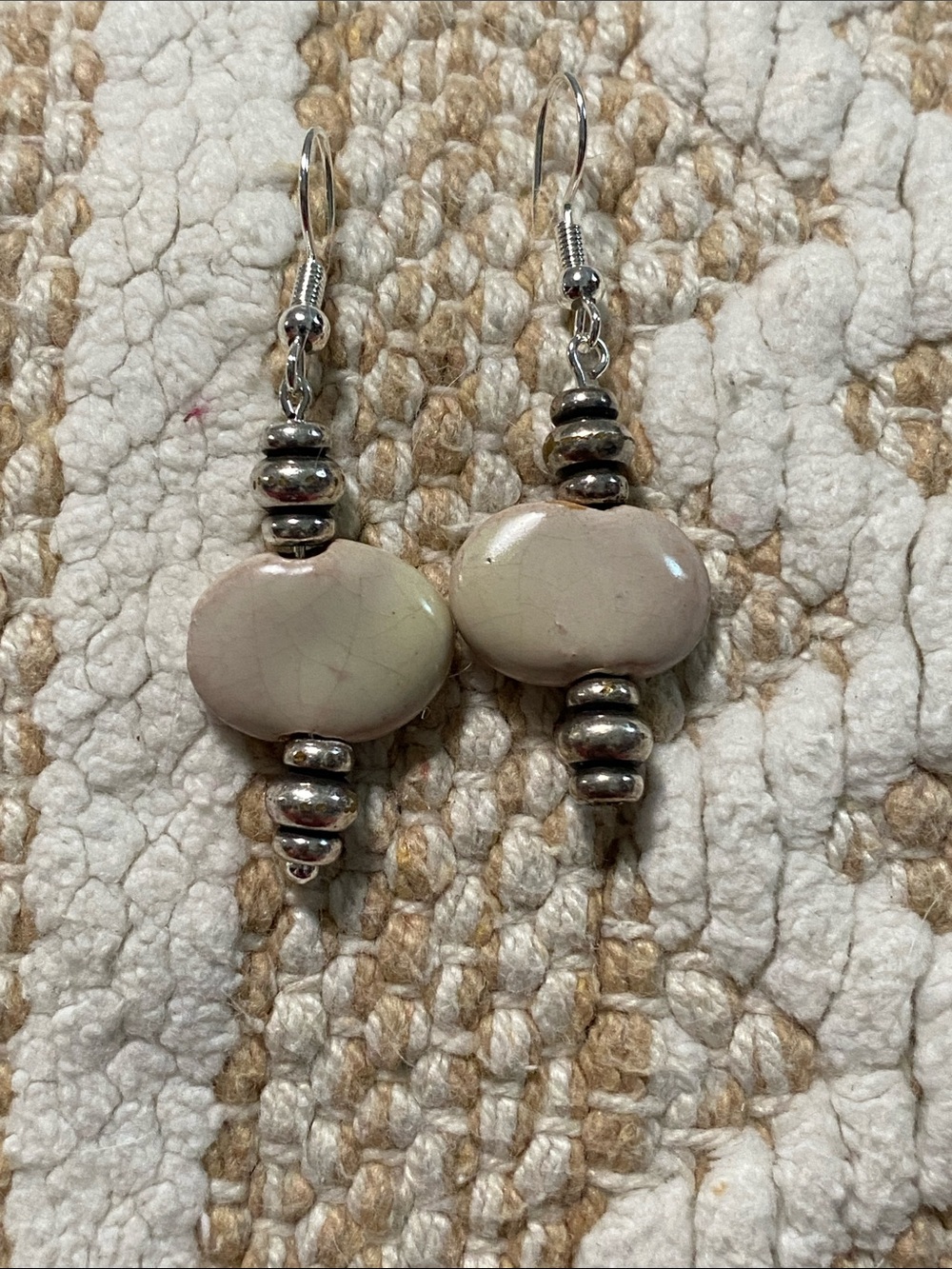 Neutral Cream Ceramic Drop Earrings with Silver Accents - Women Jewelry